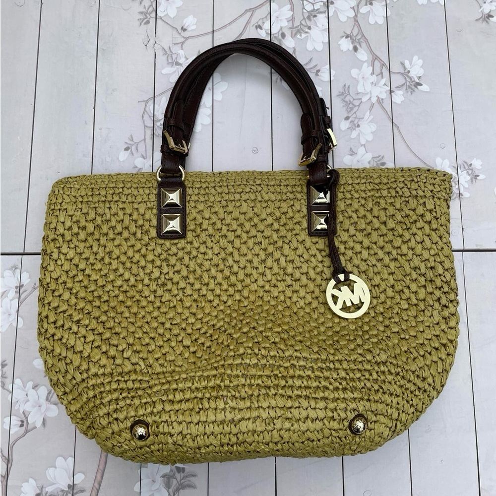 Michael Kors Woven Olive Tote with Brown Handles